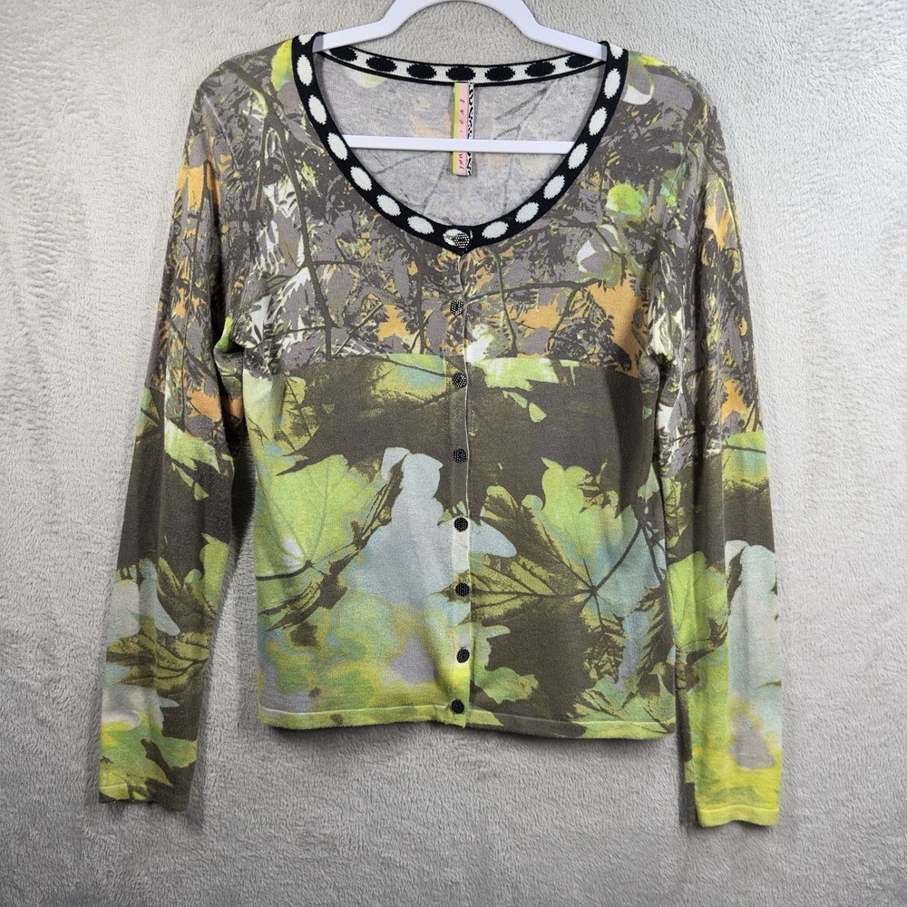 Eva & Claudi‎ Printed Button Front Cardigan Sweater Size S Artsy Abstract Leaves